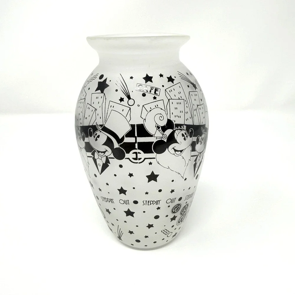 Disney Mickey Minnie Steppin Out Frosted Glass Vase Black White 5.5